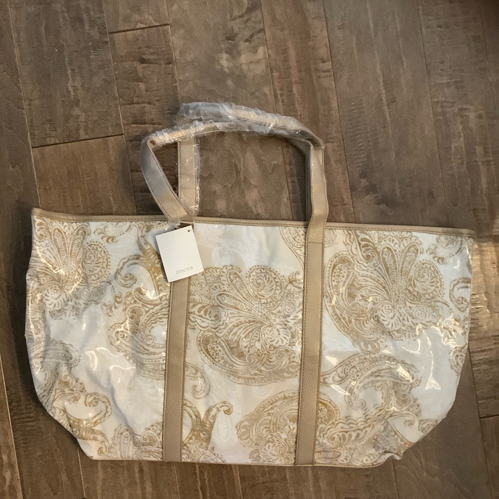 Chico's Elegant Limited Edition Cream and Tan Fully Lined Vinyl Tote, NWT